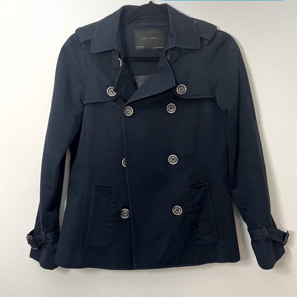 Zara Women's Rain Coat Size Slim Navy Blue Double Breasted